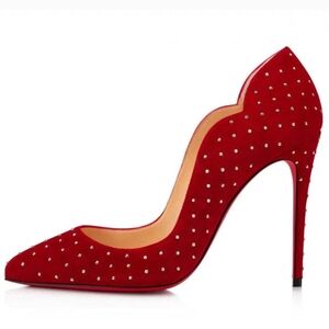 Christian Louboutin Hot Chick Plume 100mm Carmen Silver Red Suede Studded Heels